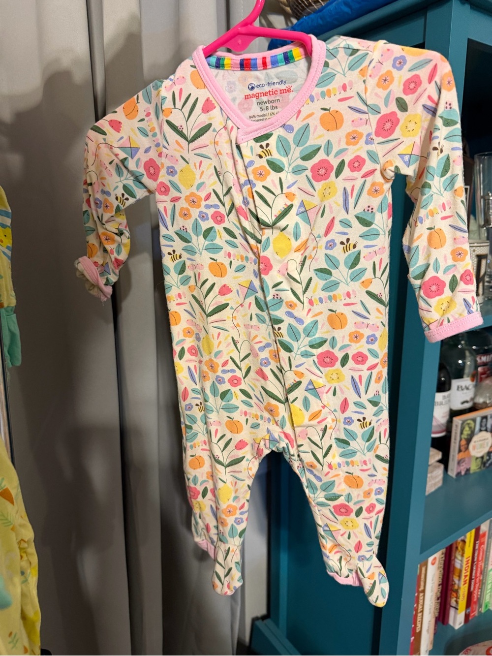 Magnetic Me Cream Floral Footed One-Piece with Pink Trim